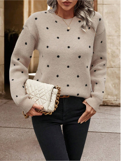 Ins Polka Dot Print Pullover Sweater Fashion Casual Long-sleeved Women null Khaki L