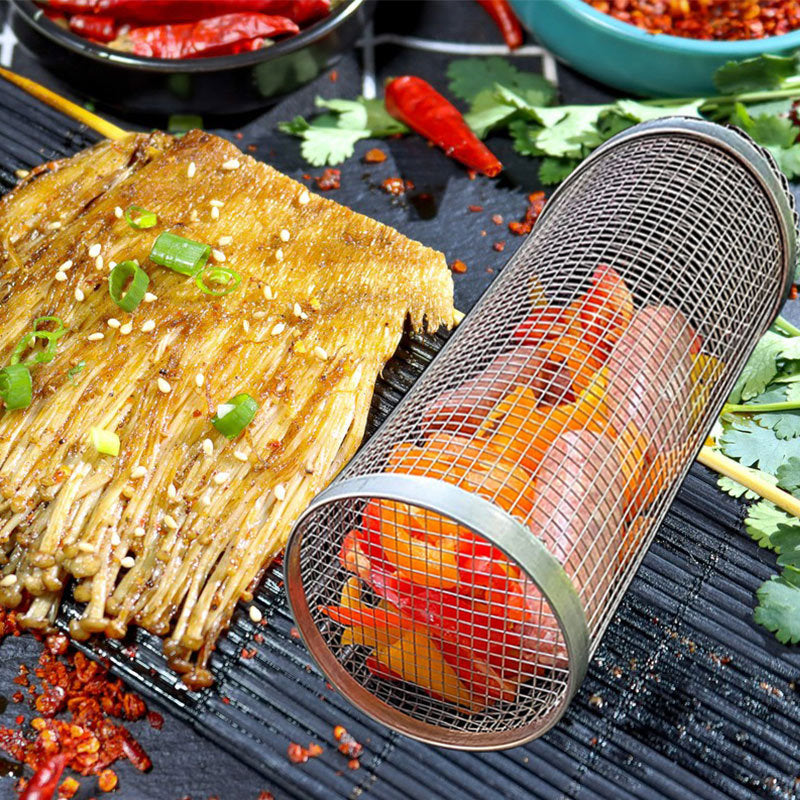 Rolling Grilling Basket Metal BBQ Barbecue Basket Net