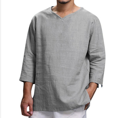 Loose Casual V-neck Top Cotton And Linen Long Sleeve Men DealSniper.net Grey 2XL