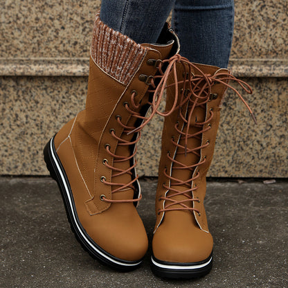 Mid Calf Lace-up Long Boots Women Flat Heels Round Toe Women dealsniper-net Brown Size36