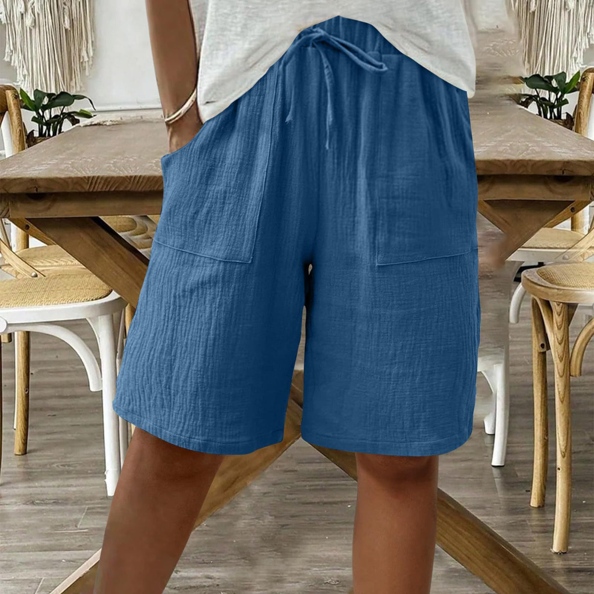 Linen Cotton Shorts, Solid Color Casual Shorts Tie Detail Shorts Women DealSniper.net