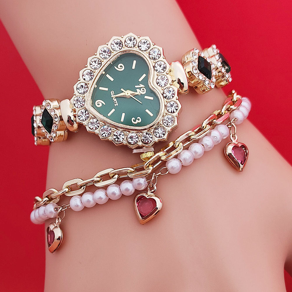 Fashion Love Shape Bracelet Watch Set Diamond Colored Heart Quartz Jewelry DealSniper.net Green Watch Bracelet