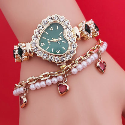 Fashion Love Shape Bracelet Watch Set Diamond Colored Heart Quartz Jewelry DealSniper.net Green Watch Bracelet
