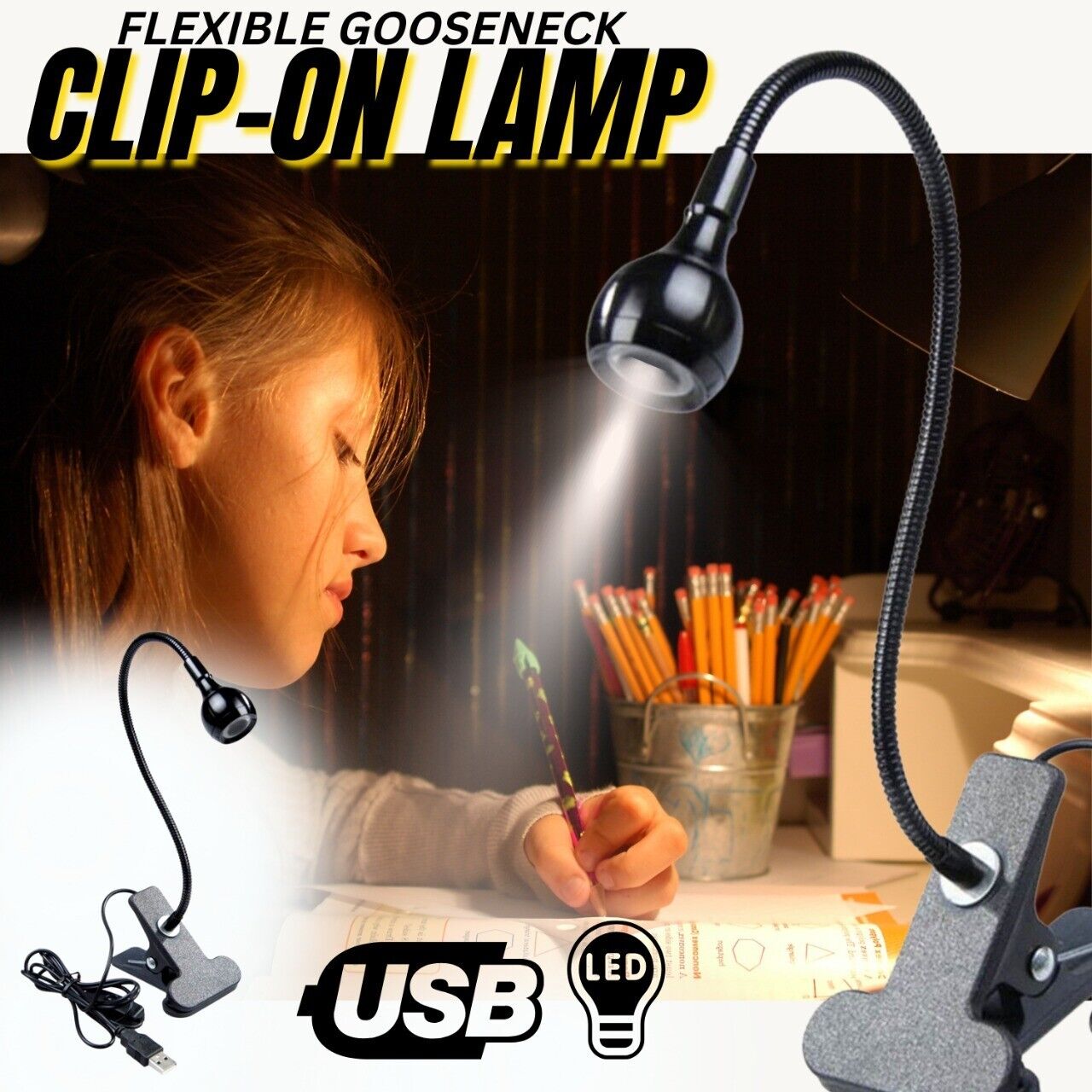 USB Clip-On LED Desk Lamp Flexible Reading Book Light Bedside Work Table Lamp Home dealsniper-net