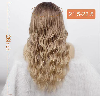 26 Inch Long Ash Blonde Wig With Bangs Natural Wavy Hair