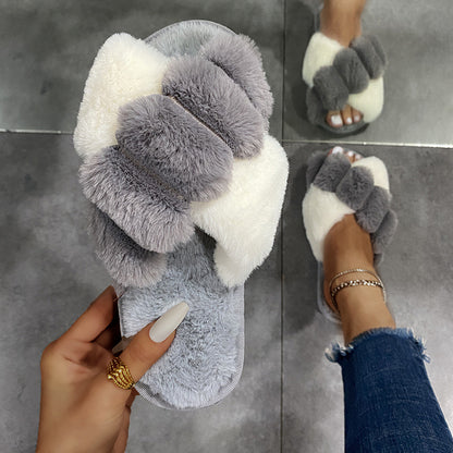 Cross-strap Furry Slippers Home Flat Indoor Floor Bedroom House Shoes Women