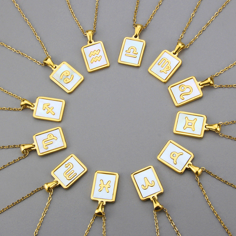 Stainless Steel Square Shell Zodiac Necklace Jewelry dealsniper-net