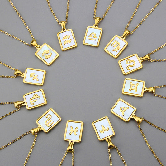 Stainless Steel Square Shell Zodiac Necklace Jewelry dealsniper-net