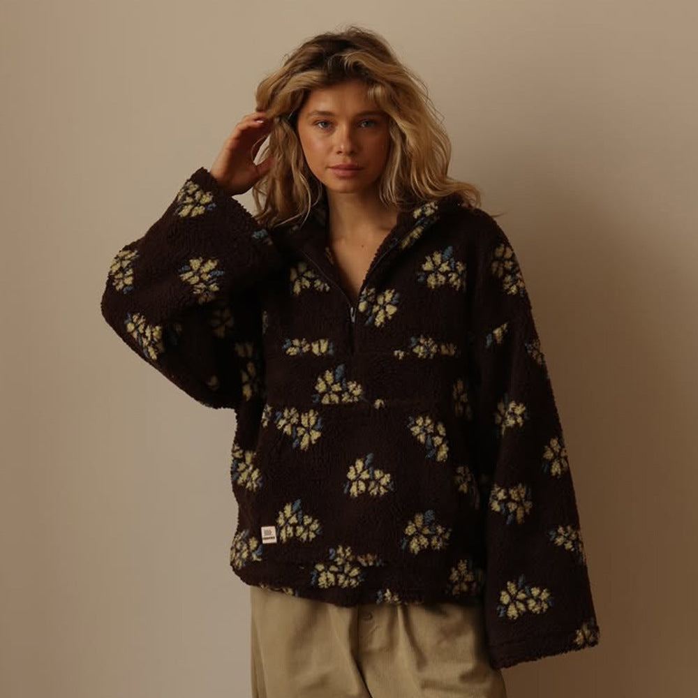Winter Flowers Lambskin Sweatshirt With Big Pocket Women null Coffee Color L