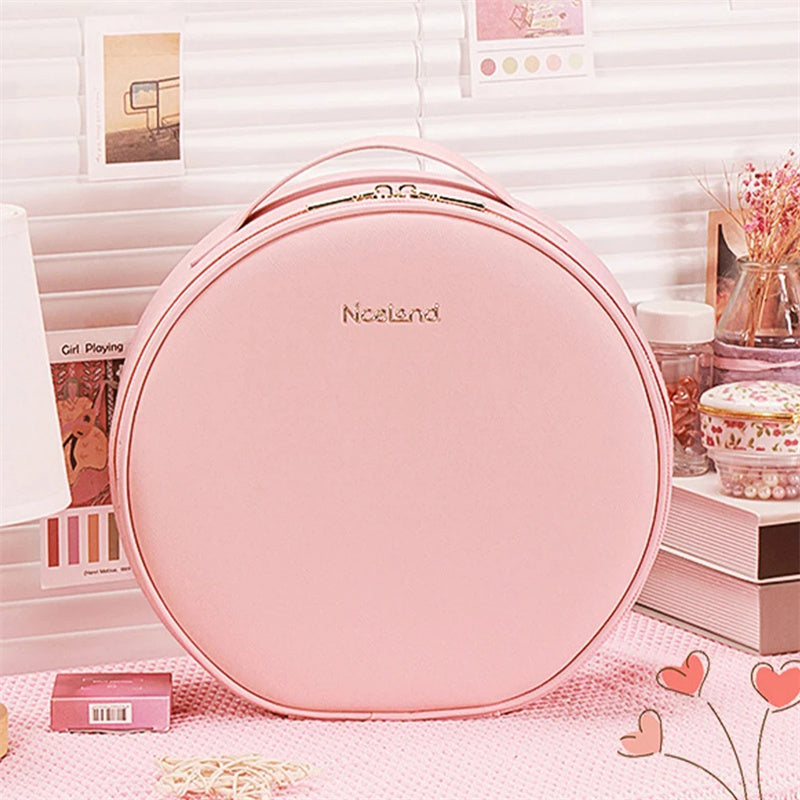 Round Smart LED Makeup Bag With Mirror Lights Women Beauty Bag Large Capacity PU Leather Travel Organizers Cosmetic Case Beauty DealSniper.net