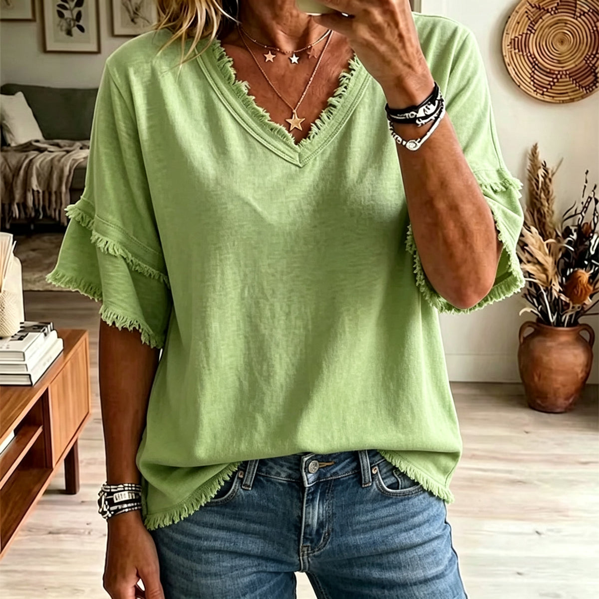 Casual Women's Shirt V-Neck Short Sleeve Loose Fit Women Gym From House Grass green 2XL