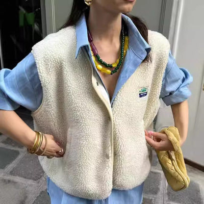Fashion Single-breasted Vest Jacket Fall Winter Loose Outwear Women DealSniper.net Sleeveless Beige L