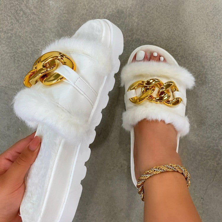 Women's Shoes Thick-soled One-line Chain Buckle Hair Slippers Women dealsniper-net White 36