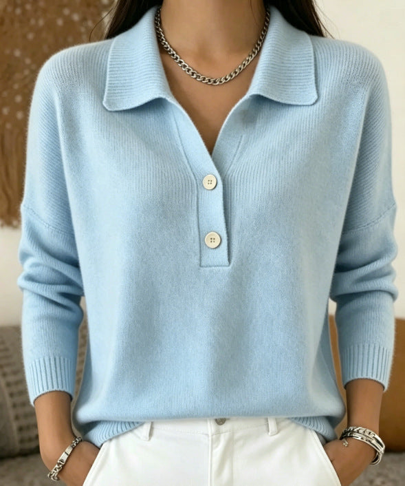 Women 's Polo Collar Knit Sweater Half Button V Neck Solid Color Women Gym From House Light Blue 2XL