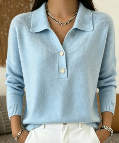 Women 's Polo Collar Knit Sweater Half Button V Neck Solid Color Women Gym From House Light Blue 2XL