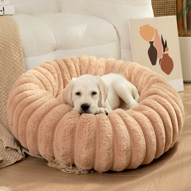 Pet Kennels Long Plush Round Cat Nest Winter Warm Dog Beds Pets Gym From House Khaki Outer Diameter 40cm
