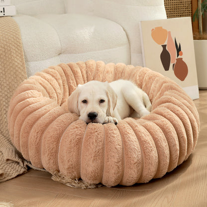Pet Kennels Long Plush Round Cat Nest Winter Warm Dog Beds Pets Gym From House Khaki Outer Diameter 40cm