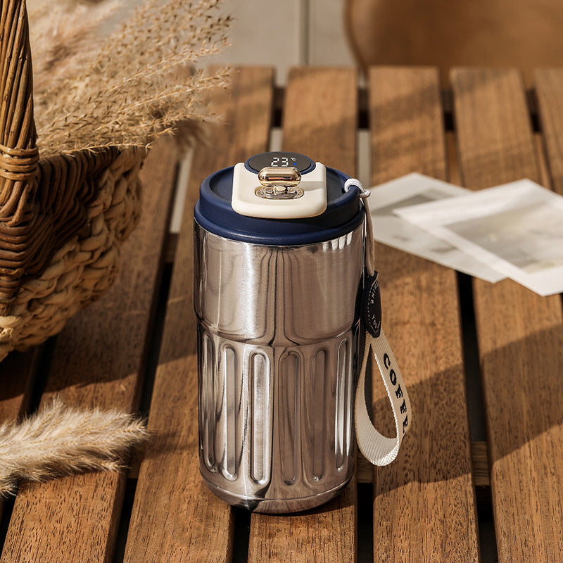 Smart Digital Thermal Bottle Portable Coffee Mug Kitchen dealsniper-net Antique Silver Blue 450ml