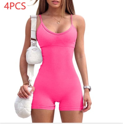 Spaghetti Strap Shorts Jumpsuit Sports Yoga Workout Tight Women dealsniper-net Fluorescent Powder L 4PCS