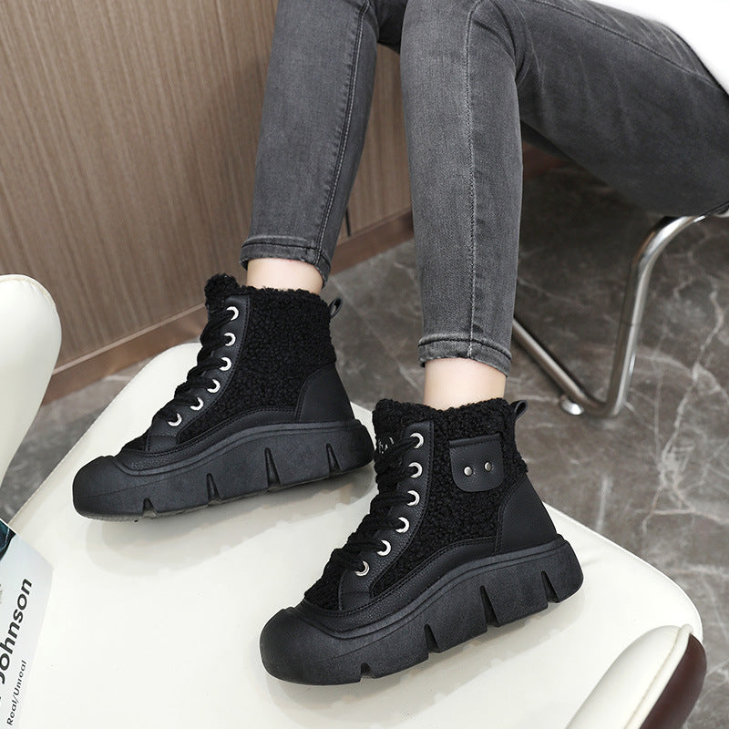 Lace-up High-top Flat Shoes For Women Winter Warm Cashmere Women dealsniper-net