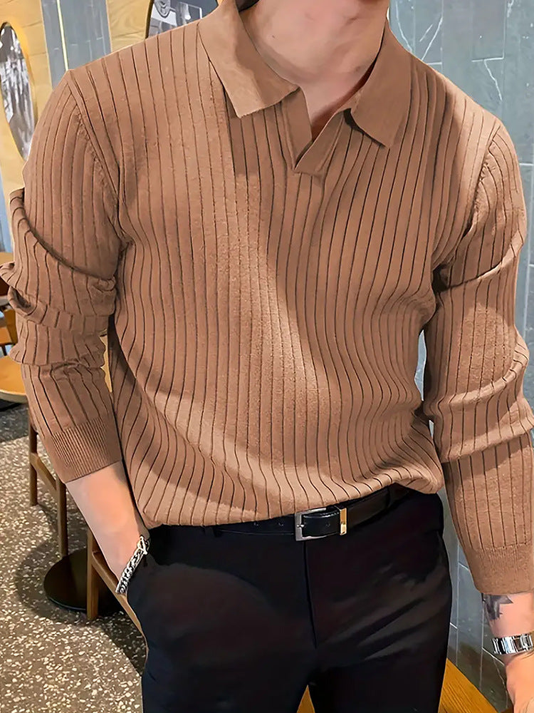 Lapel Texture Stretch Slim Knit Polo Shirt Men Polo Shirt Fashion Men DealSniper.net Khaki L