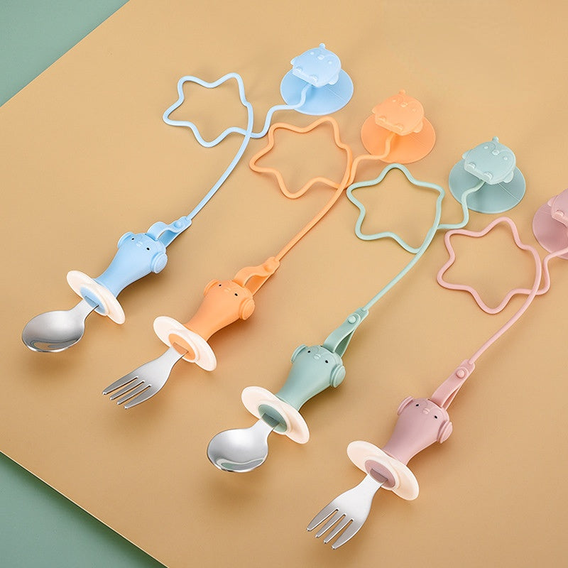 Infant Stainless Steel Training Spoon Fork Silicone Anti-drop Kids dealsniper-net