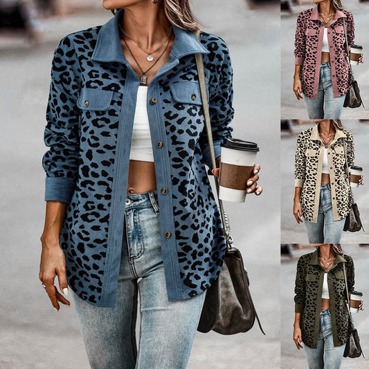 Leopard Print Shirt Coat Fashion Button Long Sleeve Jacket Women