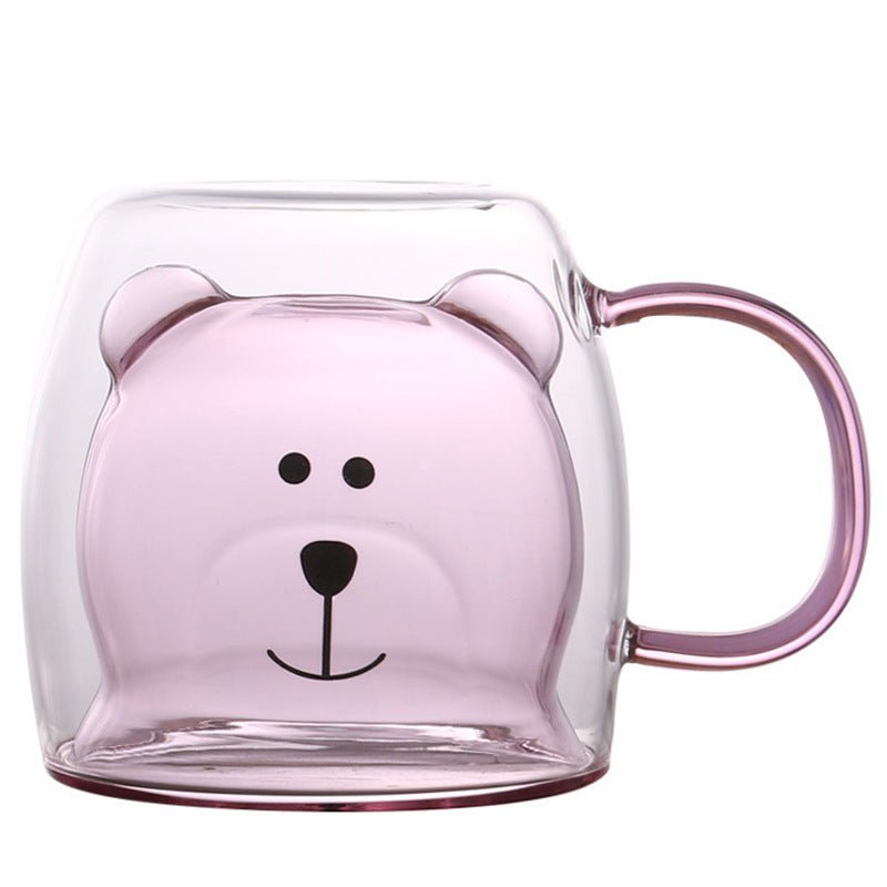 Creative Bear Double Coffee Milk Glass Cute Summer Kids Juicy Cup Kitchen dealsniper-net 250ml pink