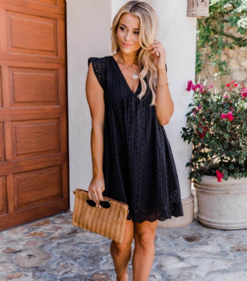 Lace Dresses With Pocket Summer Sleeveless Jacquard Cutout V-Neck Beach Dress Women dealsniper-net Black 2XL