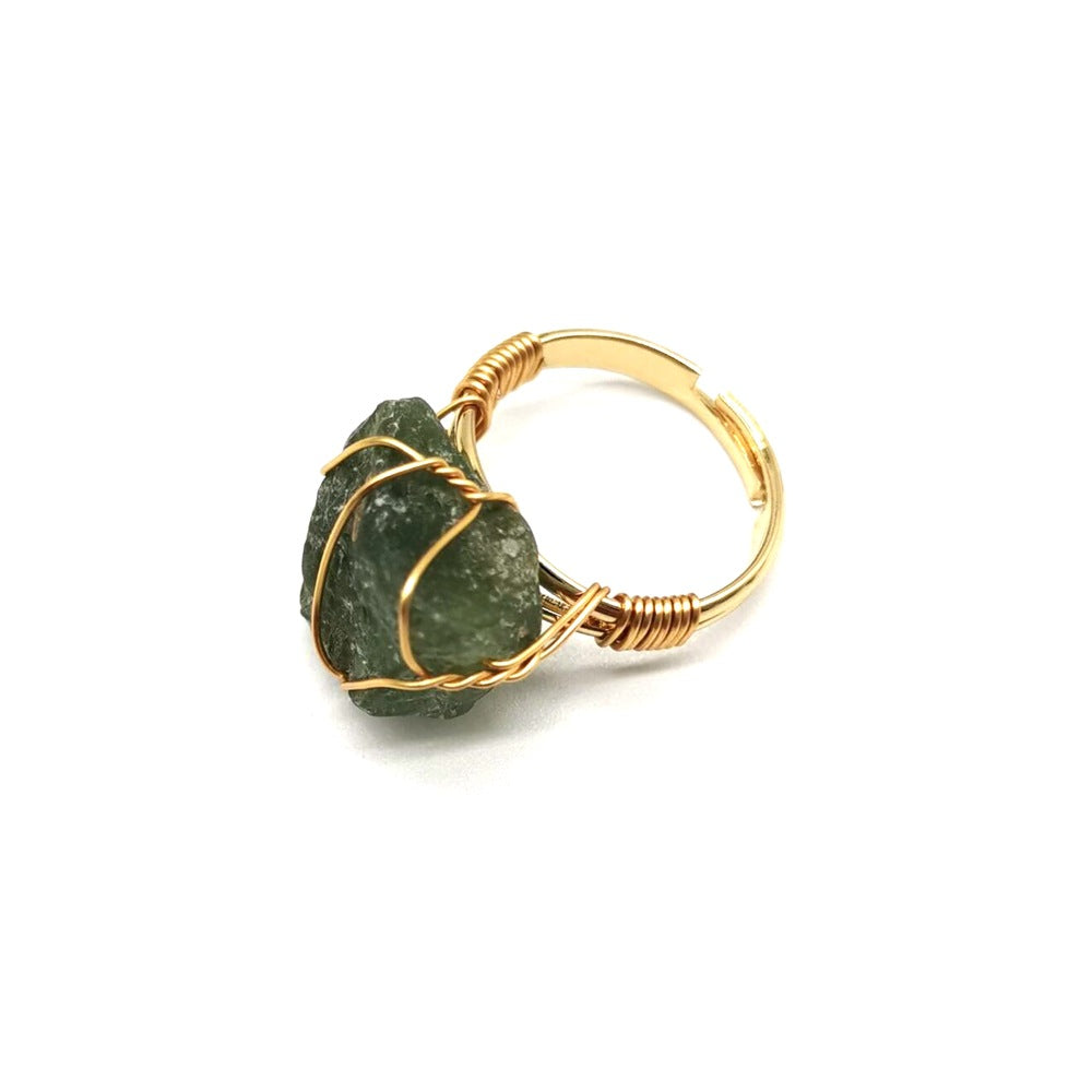 Personality Hand Wrapped Rough Stone Agate Ring Jewelry DealSniper.net Olivine adjustable