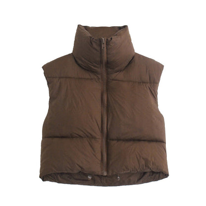 Winter Short Vest For Women Solid Color Zip Sleeveless Lapel Jacket Fashion Bread Coat Women dealsniper-net Brown 2XL