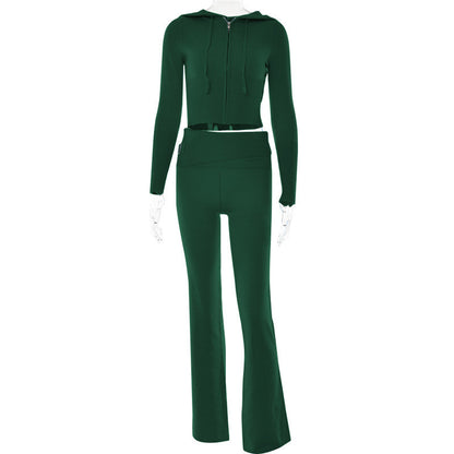 Hoodie Suit Women Leisure Sexy Zip Long Sleeve Sweater And High Waist Long Pants Set Women dealsniper-net Green suit L