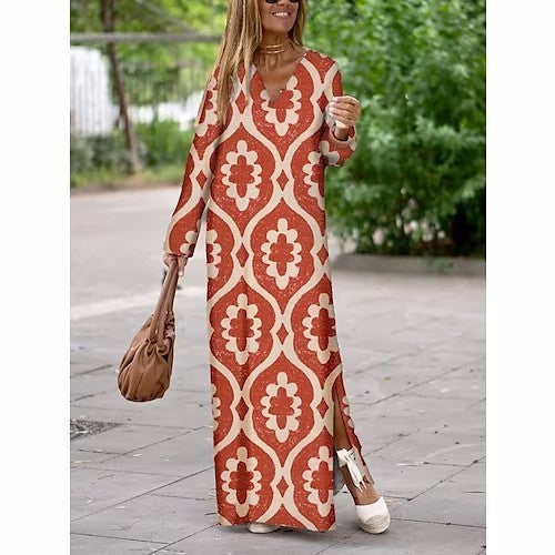 Summer Geometric Printed V-neck Long Dress Fashion Women dealsniper-net Red 3XL