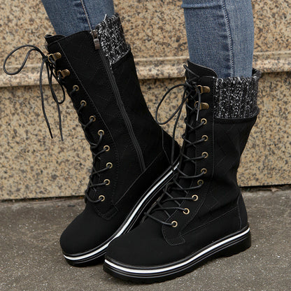 Mid Calf Lace-up Long Boots Women Flat Heels Round Toe Women dealsniper-net Black Size36