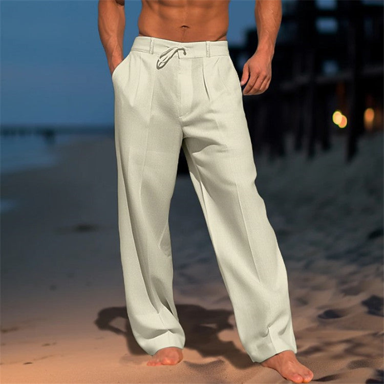 Casual Wide-Leg Straight Pants With Pockets Fashion Drawstring Men DealSniper.net Khaki L