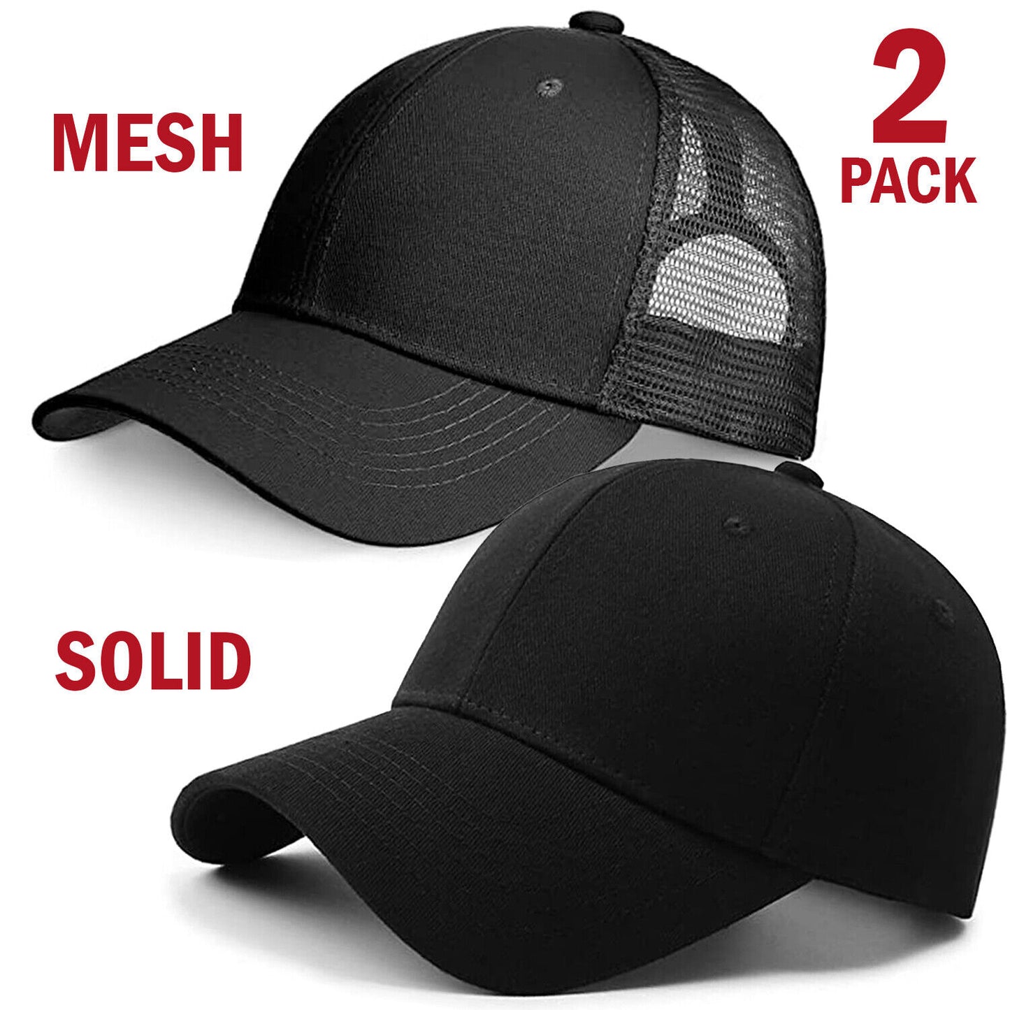 2 Pack Baseball Cap Ball Dad Hat Adjustable Plain Solid Washed Mesh Men Women Men dealsniper-net