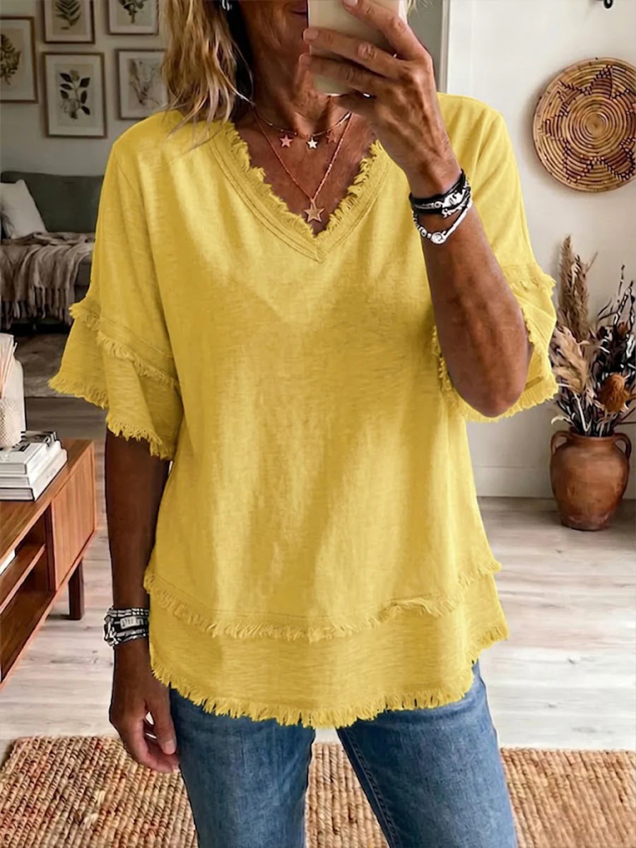 Casual Women's Shirt V-Neck Short Sleeve Loose Fit Women Gym From House