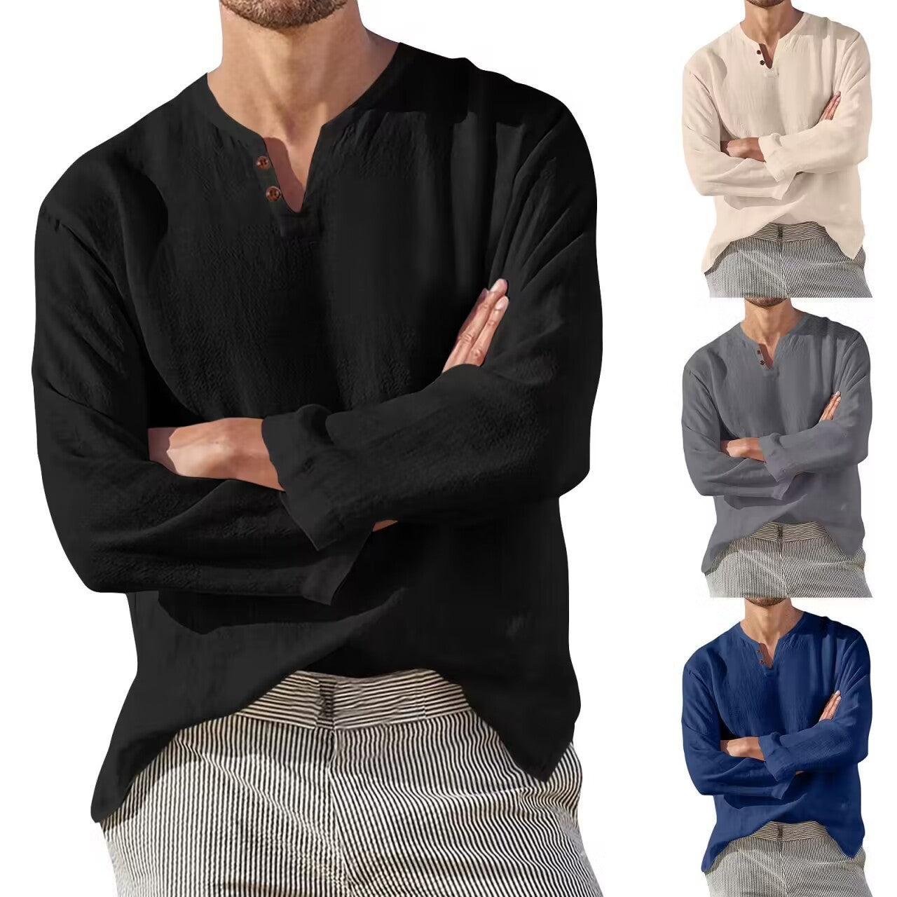 Cotton Linen Men's Long Sleeve V-neck Casual Beach Linen Men DealSniper.net