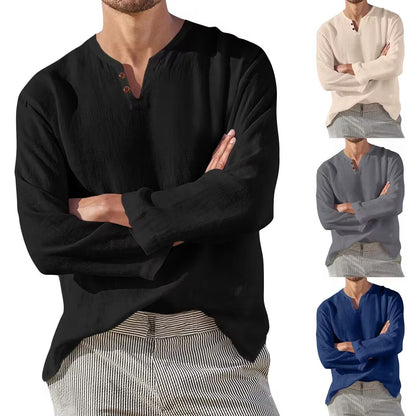 Cotton Linen Men's Long Sleeve V-neck Casual Beach Linen Men DealSniper.net