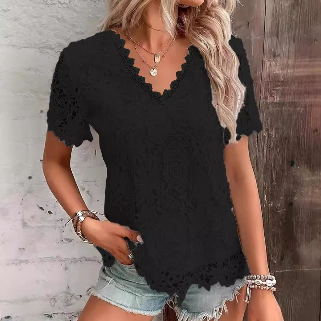Women's Fashion Top T-shirt Lace Short Sleeve Women Women DealSniper.net