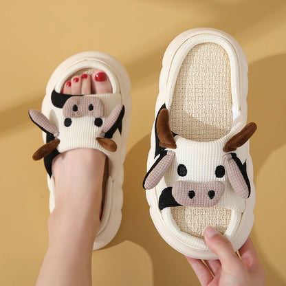 Cute Cartoon Cow Frog Slippers Linen Non-slip Shoes Indoor Women dealsniper-net