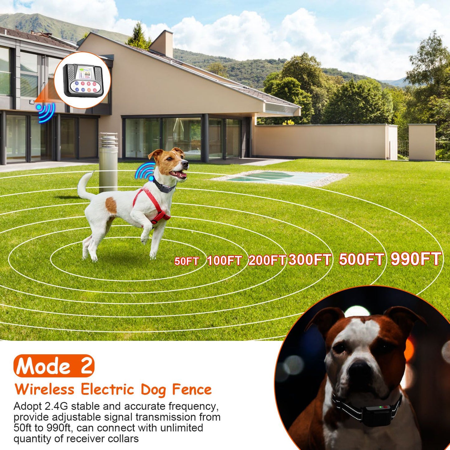 1Set 990FT Range Dog Wireless Fence Remote Training Collar Pets Gym From House