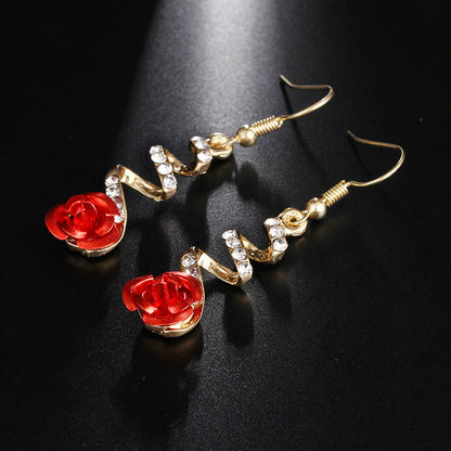 Fashion Jewelry Ethnic Red Rose Drop Earrings Big Rhinestone Women dealsniper-net