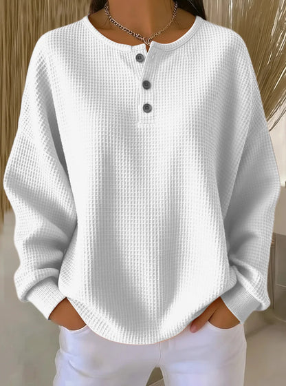 Ins Waffle Long-sleeved T-shirt Fashion Solid Color Buttons Women Gym From House White 2XL
