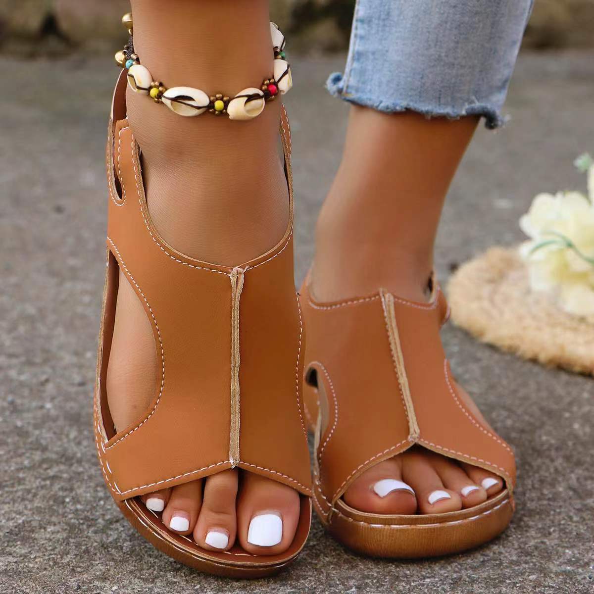 New Summer Wedges Sandals With Elastic Band Design Women Gym From House Dark Brown Size36