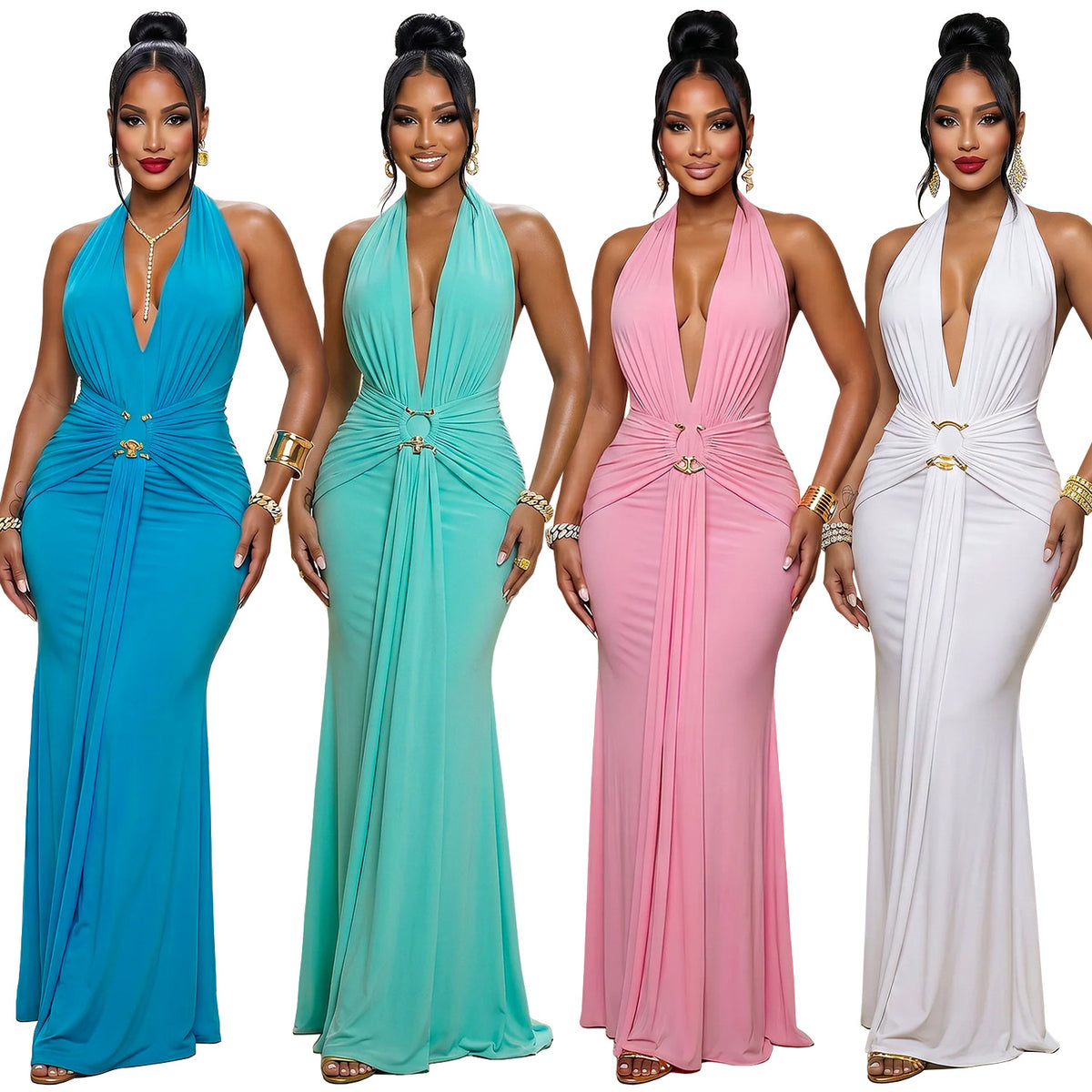 New Women's Halter Deep V Ruffled Mermaid Evening Party Dress Women Gym From House