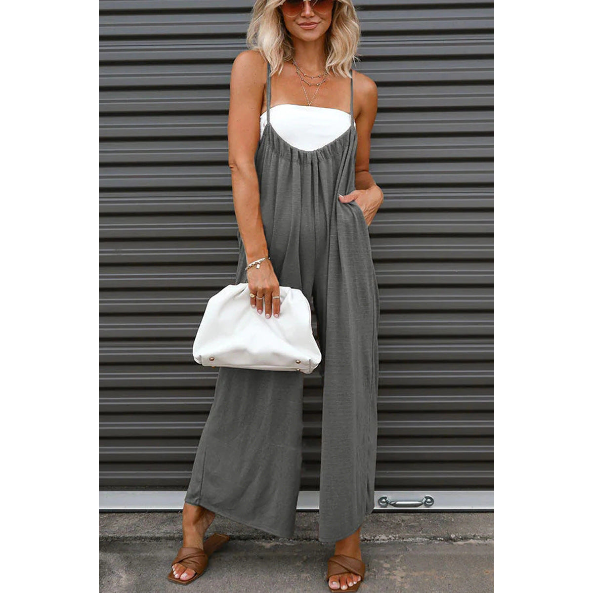 Strap High Waist Casual Wide Leg Jumpsuit Women dealsniper-net Grey L