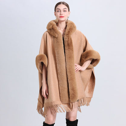 Loose Plaid Plus Cashmere Fur Collar Knitted Inverness Women Gym From House Solid Color Camel Average Size