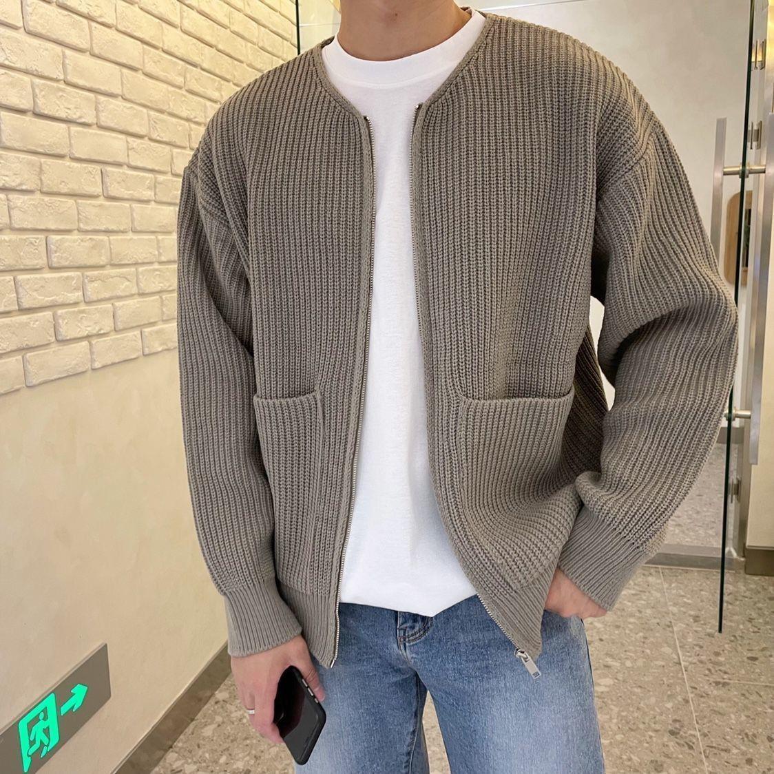Men Zip Up Knitted Cardigan Lined Funnel Sweater Men Gym From House Khaki 2XS
