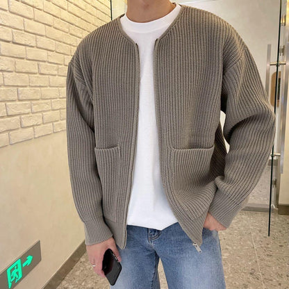 Men Zip Up Knitted Cardigan Lined Funnel Sweater Men Gym From House Khaki 2XS